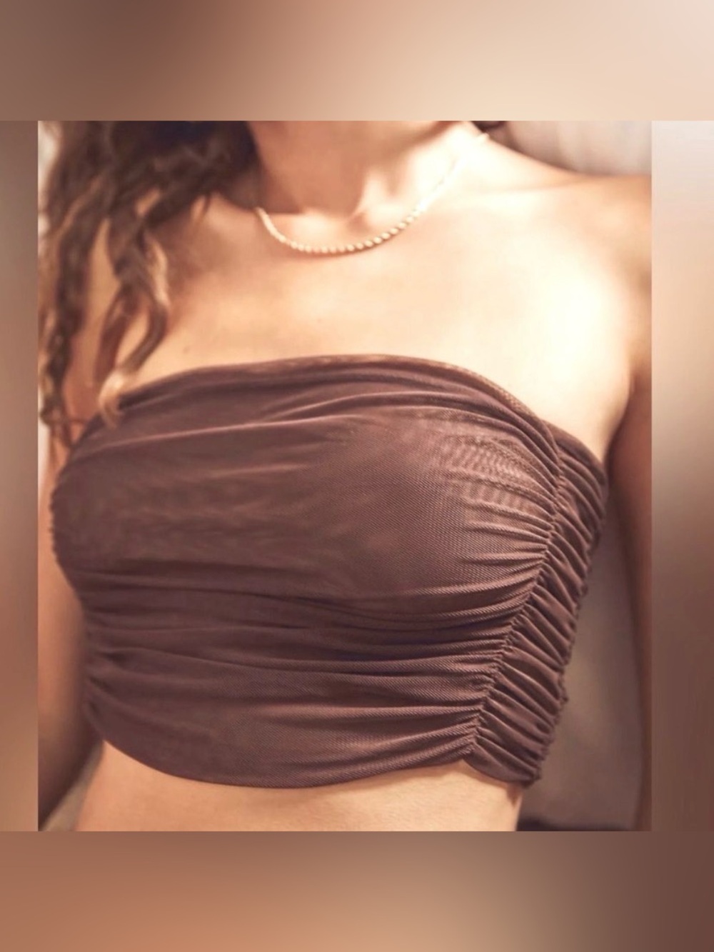 Free People - Under It All - Brown Ruched Mesh Strapless Sheer Bandeau Tube Top